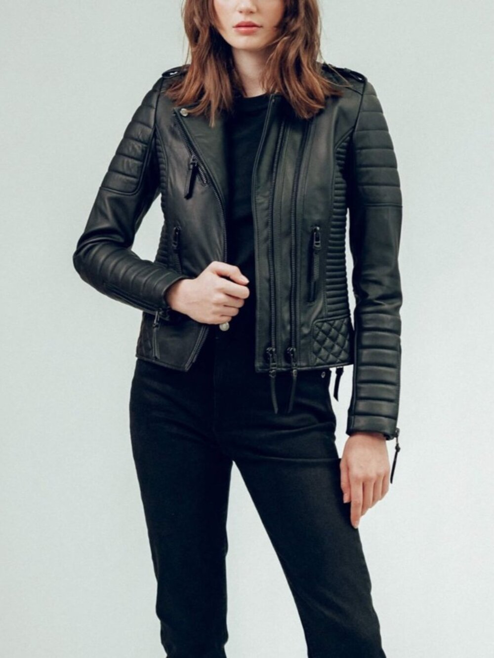 Boda Skins Kay Michaels Leather Jacket Black Moto Gunmetal US 4 Small